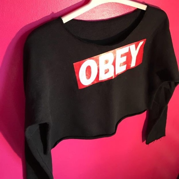 Obey Sweaters - Obey black crop sweater top red white long sleeve